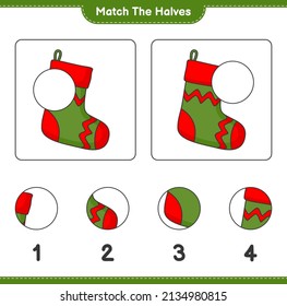 Match the halves. Match halves of Christmas Sock. Educational children game, printable worksheet, vector illustration