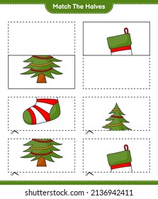 Match the halves. Match halves of Christmas Sock and Christmas Tree. Educational children game, printable worksheet, vector illustration