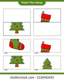 Match the halves. Match halves of Christmas Sock and Christmas Tree. Educational children game, printable worksheet, vector illustration