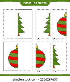 Match the halves. Match halves of Christmas Tree and Christmas Ball. Educational children game, printable worksheet, vector illustration