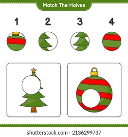 Match the halves. Match halves of Christmas Tree and Christmas Ball. Educational children game, printable worksheet, vector illustration