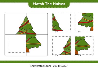 Match the halves. Match halves of Christmas Tree. Educational children game, printable worksheet, vector illustration