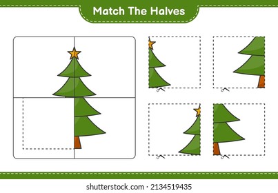 Match the halves. Match halves of Christmas Tree. Educational children game, printable worksheet, vector illustration