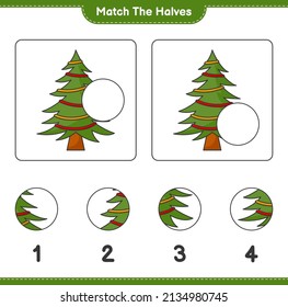 Coincide con las mitades. Coincide con las mitades del árbol de Navidad. Juego infantil educativo, hoja de cálculo imprimible, ilustración vectorial