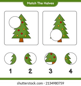 Match the halves. Match halves of Christmas Tree. Educational children game, printable worksheet, vector illustration