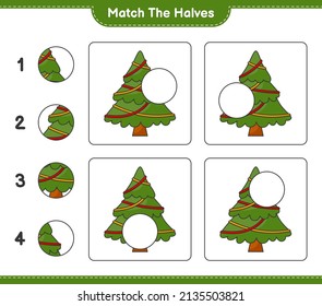 Match the halves. Match halves of Christmas Tree. Educational children game, printable worksheet, vector illustration