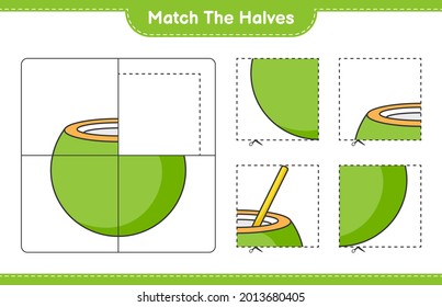 Coincide con las mitades. Coincide con las mitades de Coconut. Juego infantil educativo, hoja de cálculo imprimible, ilustración vectorial