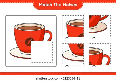 Coincide con las mitades. Coincide con las mitades de la Copa del Café. Juego infantil educativo, hoja de cálculo imprimible, ilustración vectorial