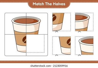 Match the halves. Match halves of Coffee Cup. Educational children game, printable worksheet, vector illustration