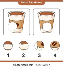 Coincide con las mitades. Coincide con las mitades de la Copa del Café. Juego infantil educativo, hoja de cálculo imprimible, ilustración vectorial