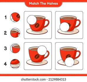 Match die Hälften! Match Hälften des Coffee Cup. Kinderspiel, druckbares Arbeitsblatt, Vektorgrafik