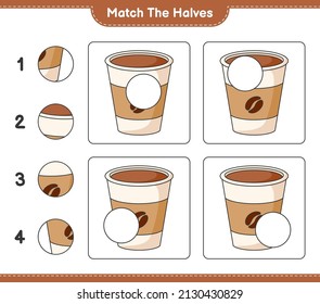 Match die Hälften! Match Hälften des Coffee Cup. Kinderspiel, druckbares Arbeitsblatt, Vektorgrafik