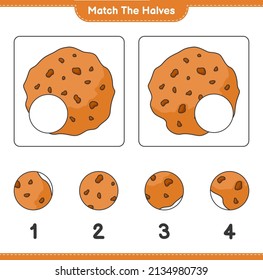 Coincide con las mitades. Coincide con las mitades de Cookie. Juego infantil educativo, hoja de cálculo imprimible, ilustración vectorial