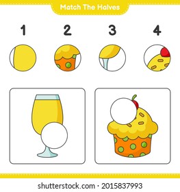Match the halves. Match halves of Cup Cake and Cocktail. Educational children game, printable worksheet, vector illustration