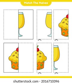 Match the halves. Match halves of Cup Cake and Cocktail. Educational children game, printable worksheet, vector illustration