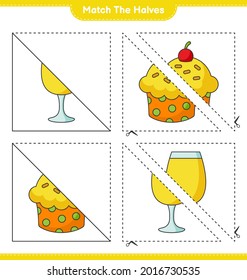 Match the halves. Match halves of Cup Cake and Cocktail. Educational children game, printable worksheet, vector illustration