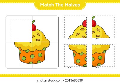 Match the halves. Match halves of Cup Cake. Educational children game, printable worksheet, vector illustration