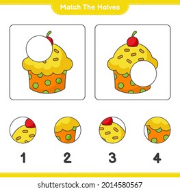 Match the halves. Match halves of Cup Cake. Educational children game, printable worksheet, vector illustration