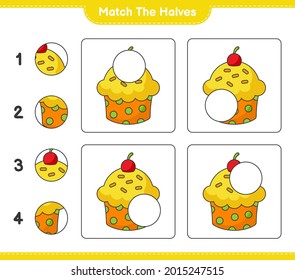 Match the halves. Match halves of Cup Cake. Educational children game, printable worksheet, vector illustration