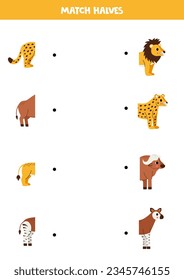 Match halves of cute cartoon African animals. Logical game for kids.