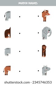 Coincide con mitades de lindos dibujos animados de animales africanos. Juego lógico para niños.