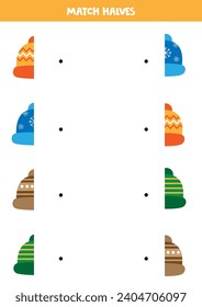 Match halves of cute cartoon colorful caps. Logical game for kids.