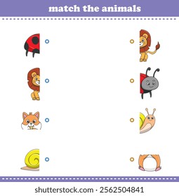 Match halves of cute cartoon wildlife animals. Logical game for kids