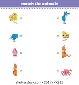 Match halves of cute cartoon wildlife animals. Logical game for kids