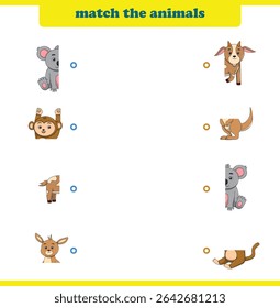 Match halves of cute cartoon wildlife animals. Logical game for kids