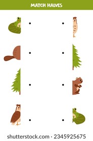 Match halves of cute cartoon woodland animals. Logical game for kids.