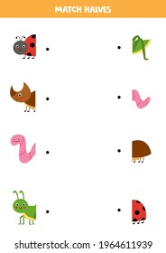 Match halves of cute insects. Logical game for kids.
