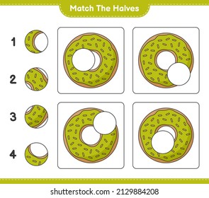 Coincide con las mitades. Coincide con las mitades de Donut. Juego infantil educativo, hoja de cálculo imprimible, ilustración vectorial