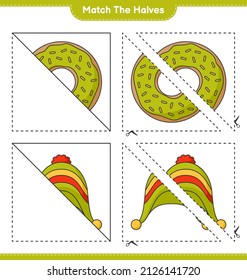 Match the halves. Match halves of Donut and Hat. Educational children game, printable worksheet, vector illustration