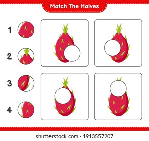 Match the halves. Match halves of Dragon fruit. Educational children game, printable worksheet, vector illustration
