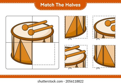 Coincide con las mitades. Coincidir las mitades del tambor. Juego infantil educativo, hoja de cálculo imprimible, ilustración vectorial