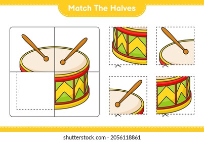 Match the halves. Match halves of Drum. Educational children game, printable worksheet, vector illustration