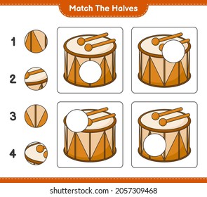 Match the halves. Match halves of Drum. Educational children game, printable worksheet, vector illustration