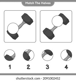 Match die Hälften! Match Hälften von Dumbell. Kinderspiel, druckbares Arbeitsblatt, Vektorgrafik