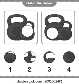 Coincide con las mitades. Coincide con las mitades de Dumbbell. Juego infantil educativo, hoja de cálculo imprimible, ilustración vectorial