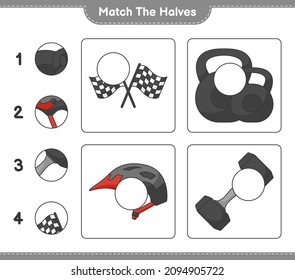 Match the halves. Match halves of Dumbbell, Racing Flags, and Bicycle Helmet. Educational children game, printable worksheet, vector illustration