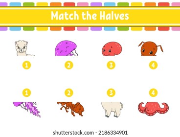 Match the halves. Education developing worksheet. Matching game for kids. Color activity page. Riddle for children. Cute character. Vector illustration. Cartoon style.
