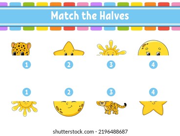 Match the halves. Education developing worksheet. Matching game for kids. Color activity page. Riddle for children. Cute character. Vector illustration. Cartoon style.