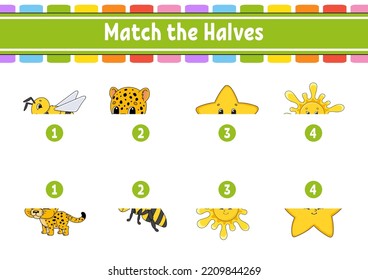 Match the halves. Education developing worksheet. Matching game for kids. Color activity page. Riddle for children. Cute character. Vector illustration. Cartoon style.