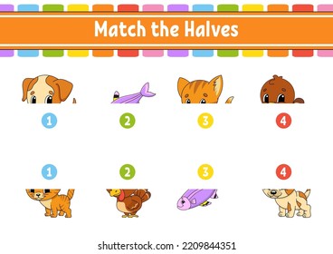 Match the halves. Education developing worksheet. Animal theme. Matching game for kids. Color activity page. Riddle for children. Cute character. Vector illustration. cartoon style.