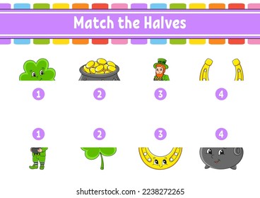 Match the halves. Education developing worksheet. Matching game for kids. Color activity page. Riddle for children. Cute character. Vector illustration.