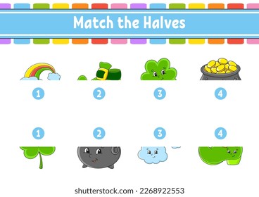 Match the halves. Education developing worksheet. Matching game for kids. Color activity page. Riddle for children. Cute character. Vector illustration.