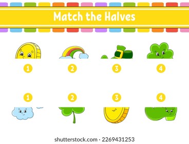 Match the halves. Education developing worksheet. Matching game for kids. Color activity page. Riddle for children. Cute character. Vector illustration.