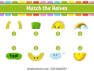 Match the halves. Education developing worksheet. Matching game for kids. Color activity page. Riddle for children. Cute character. Vector illustration.