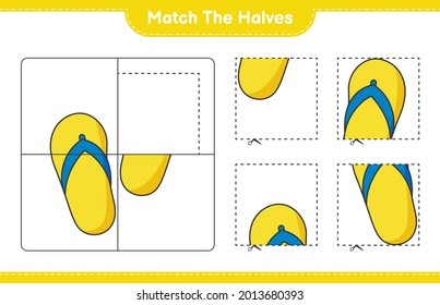Match the halves. Match halves of Flip Flop. Educational children game, printable worksheet, vector illustration