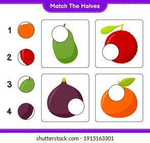 Match the halves. Match halves of Fruits. Educational children game, printable worksheet, vector illustration